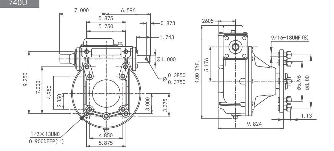 Dimensional drawing of the 740U center pivot wheel gearbox (UMC replacement). Shows front and side views with exact specifications for the 11-bolt mounting pattern, dual input shafts, and wheel flange.