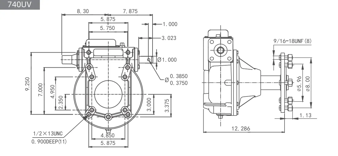Dimensional drawing of the 740UV center pivot wheel gearbox (UMC replacement). Shows front and side views with exact specifications for the mounting pattern, dual input shafts, and the extended output shaft.