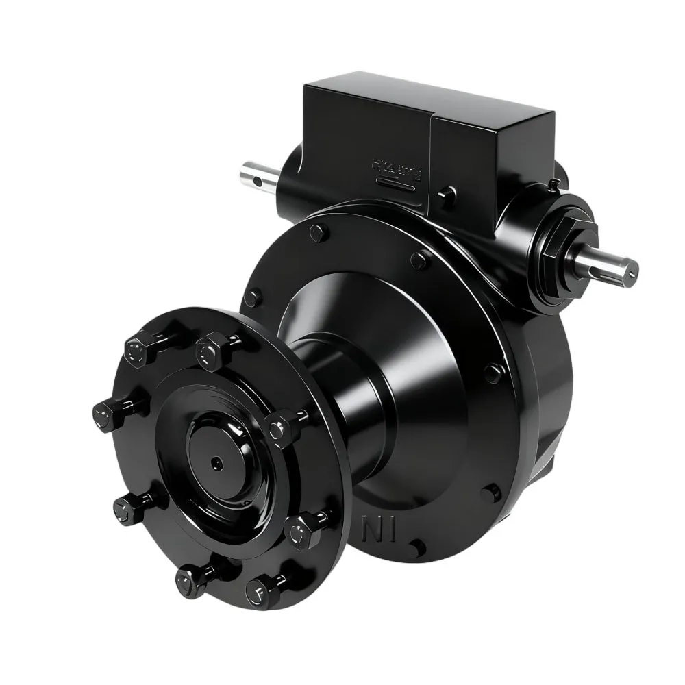 High-resolution product render of the W7826 (V1339-7830) center pivot wheel gearbox (Durst replacement). Shows the heavy-duty ductile iron housing, dual input shafts, and wheel flange with nuts, fully compatible with Valley irrigation systems.