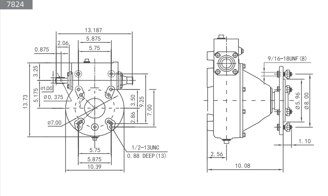 Dimensional drawing of the A1339-7824 center pivot wheel gearbox (Durst replacement). Shows front and side views with precise specifications for the universal mounting pattern, dual input shafts, and wheel flange.
