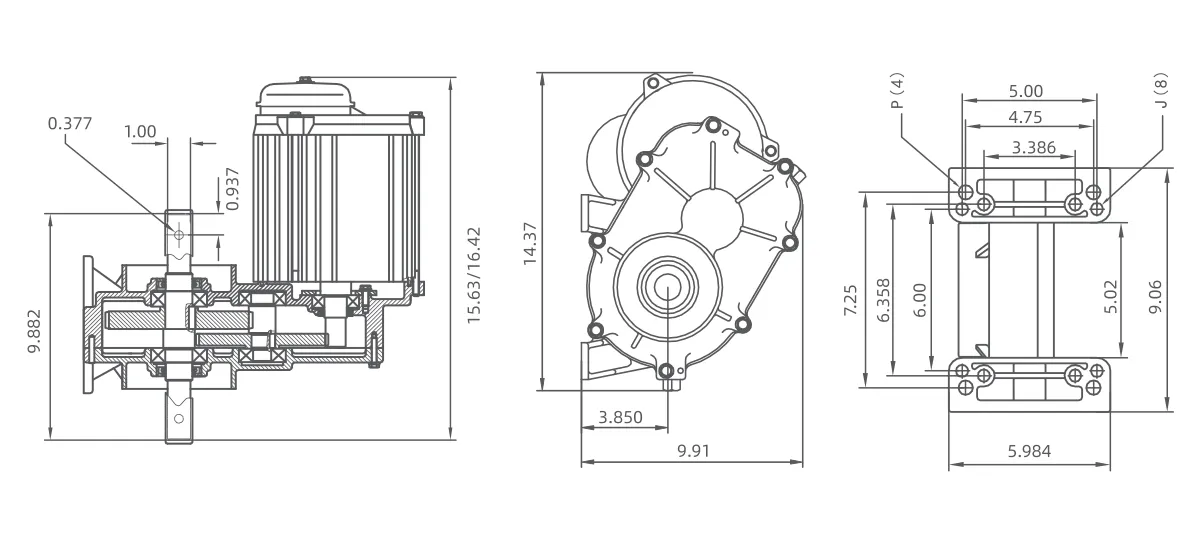 Dimensional drawing of the center drive gearmotor (Durst replacement) for center pivot irrigation. Shows precise mounting hole patterns, overall dimensions, and output shaft details for 1:1 drop-in installation.