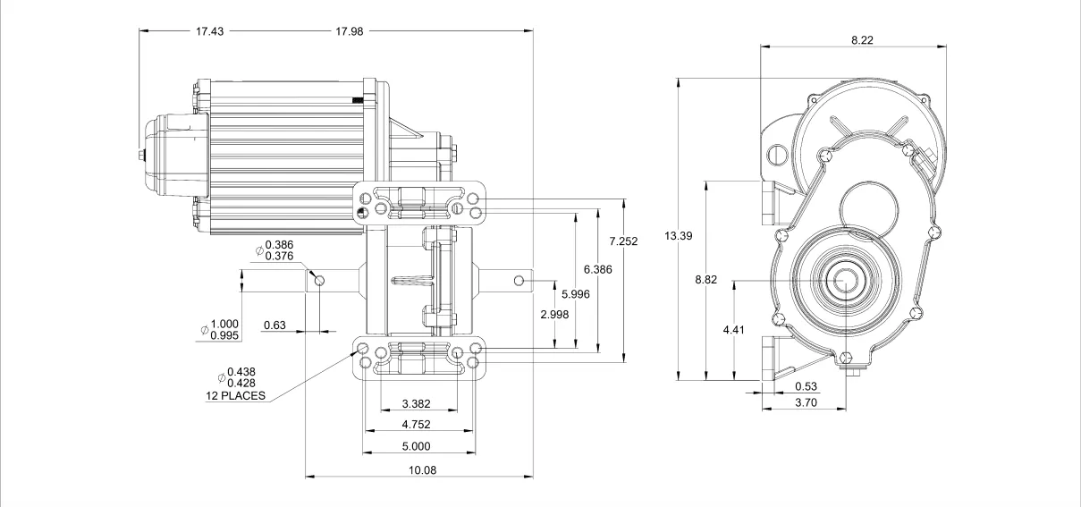 Dimensional drawing of a center drive gearmotor (UMC replacement) for center pivot irrigation. Shows top and side views with key dimensions, highlighting universal bolt mounting patterns and output shaft details.