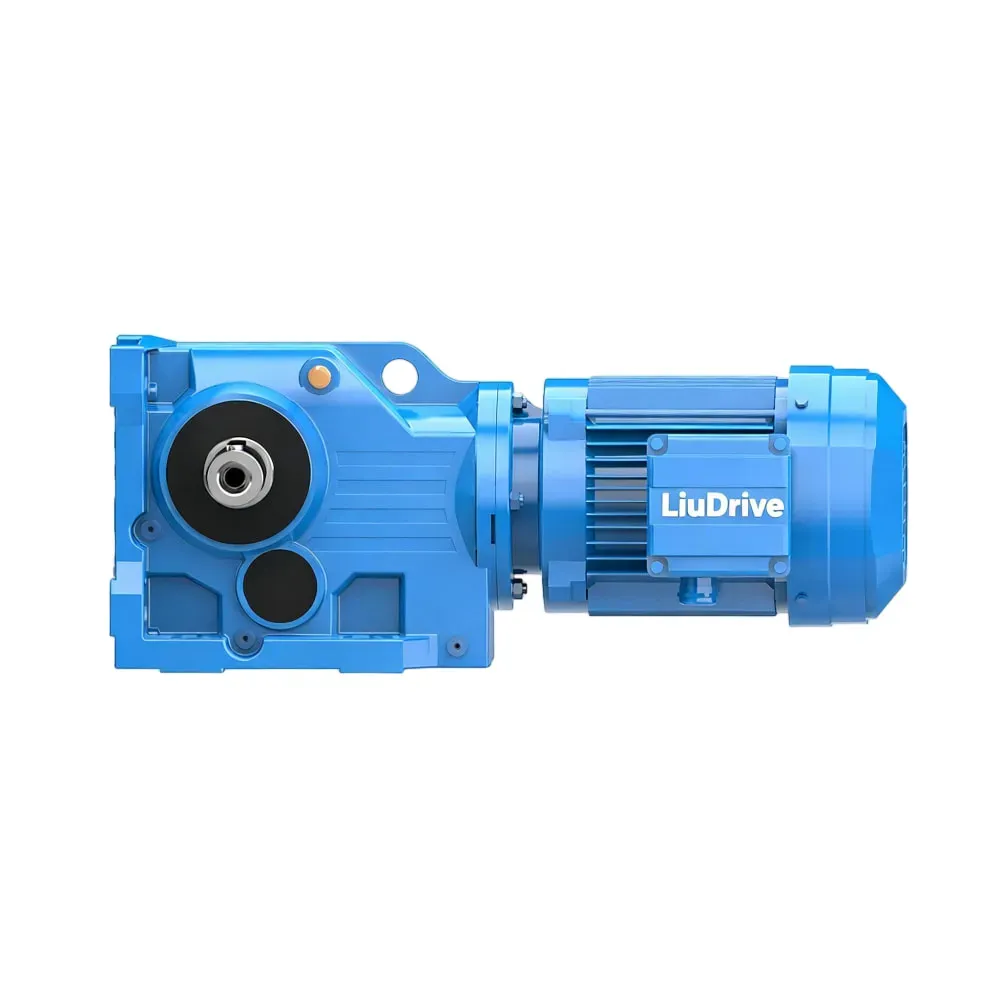 Side view of the LiuDrive K Series helical-bevel gearmotor. A high-efficiency right-angle drive with solid output shaft, manufactured in China for wholesale.