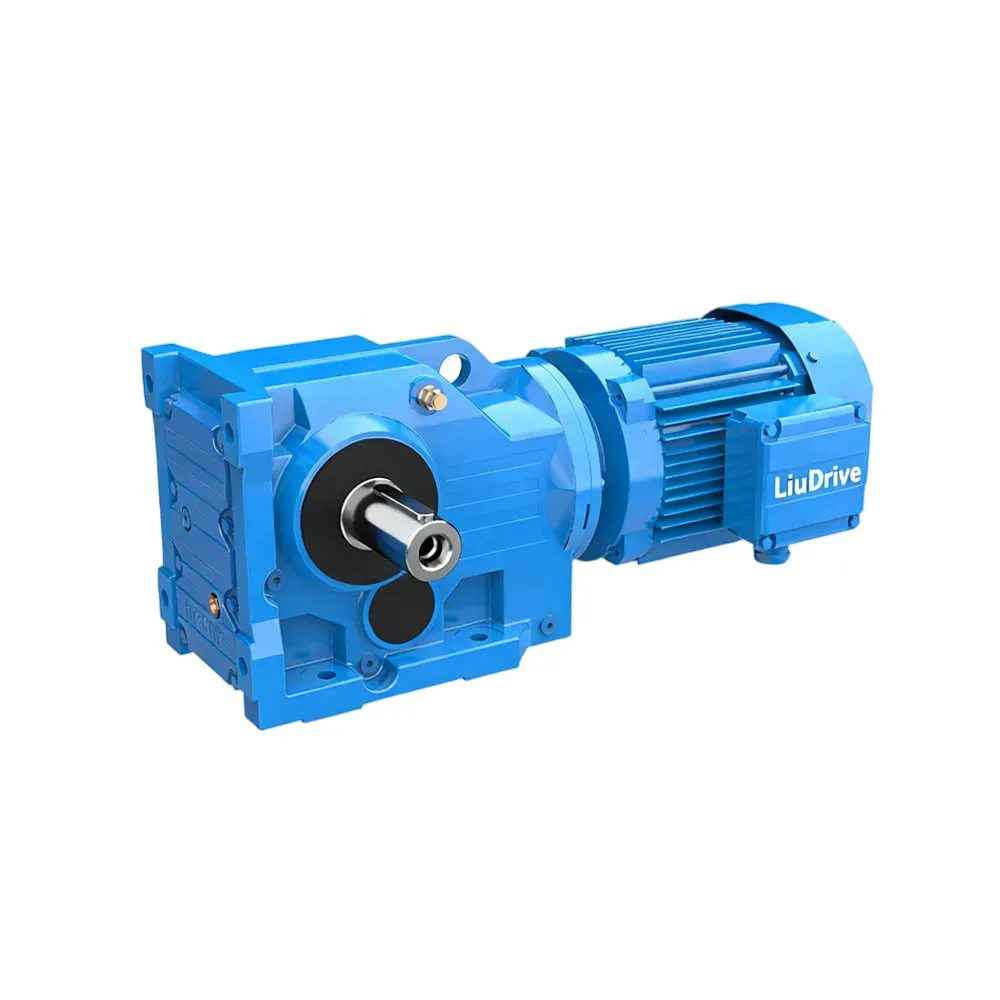 LiuDrive K Series gearmotor showing the robust cast iron housing, dimensionally interchangeable with international standards.