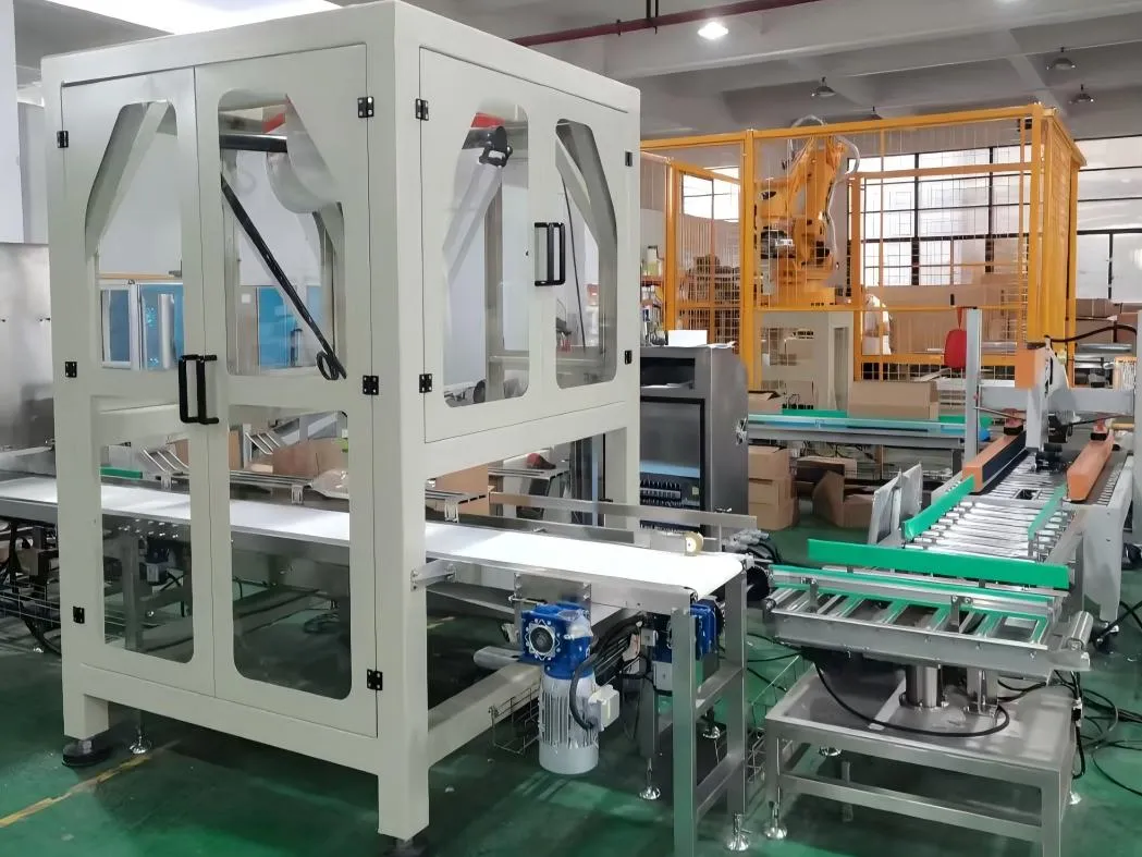 A compact LiuDrive right-angle worm gearmotor applied on an automated packaging machine conveyor. Engineered for reliable, high-cycle operation in filling, labeling, wrapping, and palletizing lines.