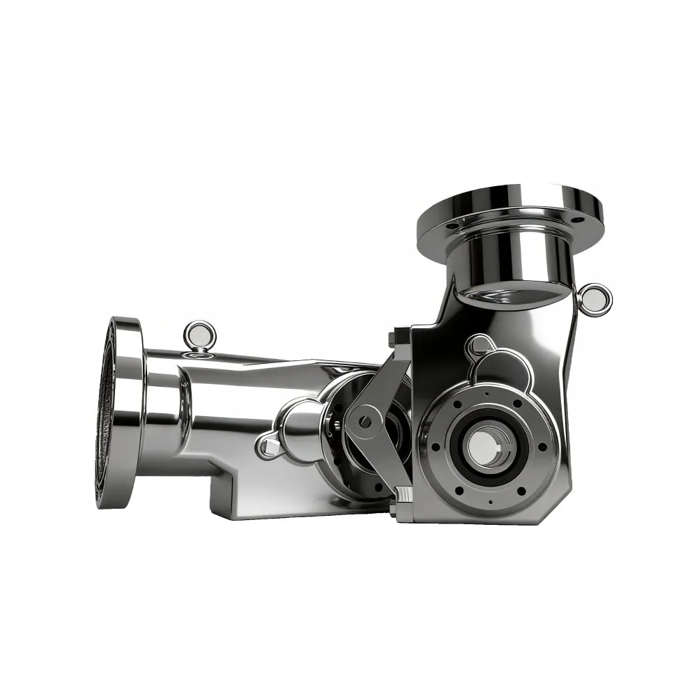 Right-angle stainless steel hypoid gearbox with NEMA C-face input. Smooth, crevice-free hygienic drive fully interchangeable with Sumitomo Fortress washdown reducers.