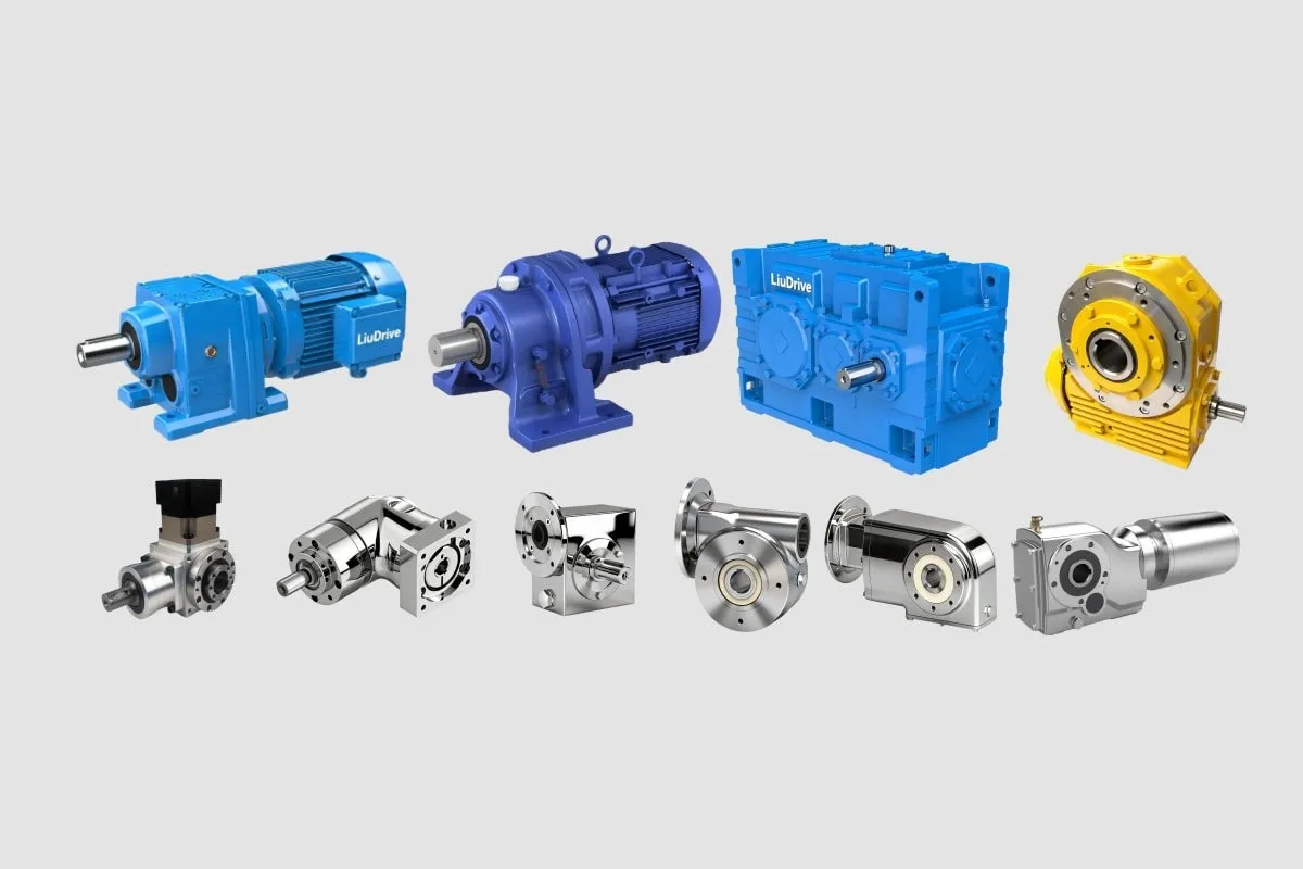 A variety of industrial gearboxes including planetary, worm, stainless steel, and helical gearmotors for 1:1 brand replacement.