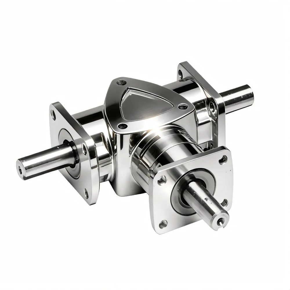Compact stainless steel bevel gearbox featuring a solid dual-shaft configuration. Designed for high-torque right-angle power transmission in washdown environments.