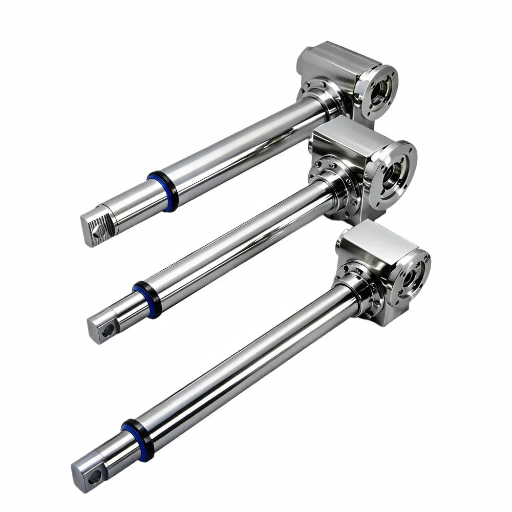 Hygienic stainless steel linear actuator featuring a washdown motor cover. Precision linear lifting equivalent to BJ-Gear standard dimensions