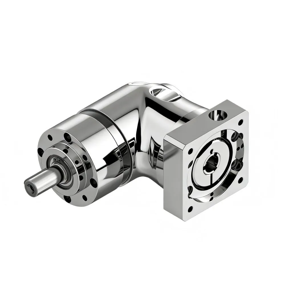 Right-angle stainless steel planetary gearbox for precision servo applications. Space-saving, hygienic washdown design with low backlash, offering a 1:1 drop-in replacement for major global planetary brands.