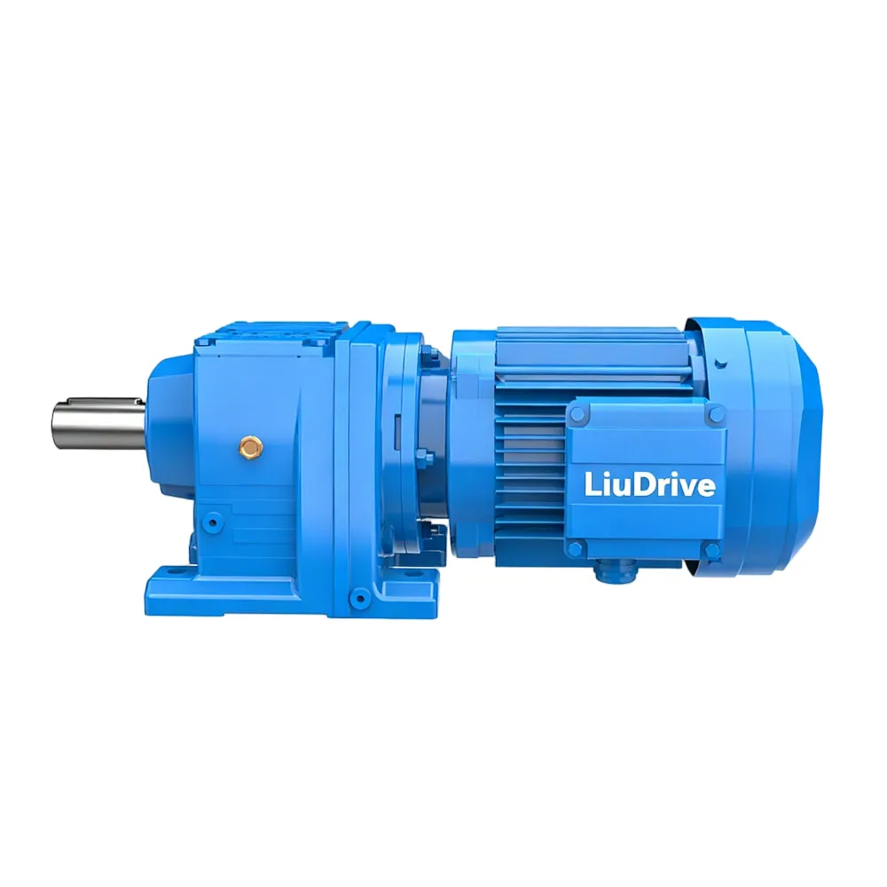 Side view of the LiuDrive R Series helical gearmotor. A direct SEW replacement featuring foot-mounted cast iron housing and modular motor design.