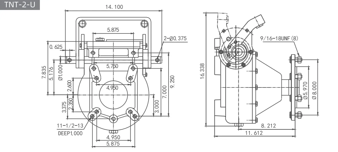 Dimensional drawing of the TNT-2U towable center pivot wheel gearbox (UMC replacement). Shows front and side views with exact specifications for the 11-bolt mounting pattern, top towing mechanism, and dual input shafts.