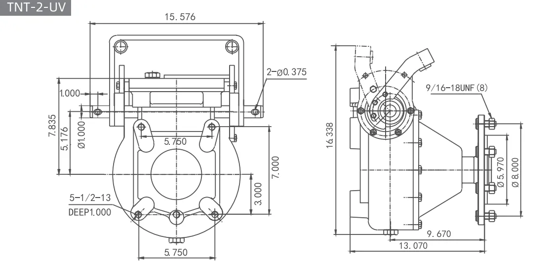 Dimensional drawing of the TNT-2-UV towable center pivot wheel gearbox (UMC replacement). Shows front and side views with exact specifications for the 5-bolt mounting pattern, top towing mechanism, and extended output shaft.