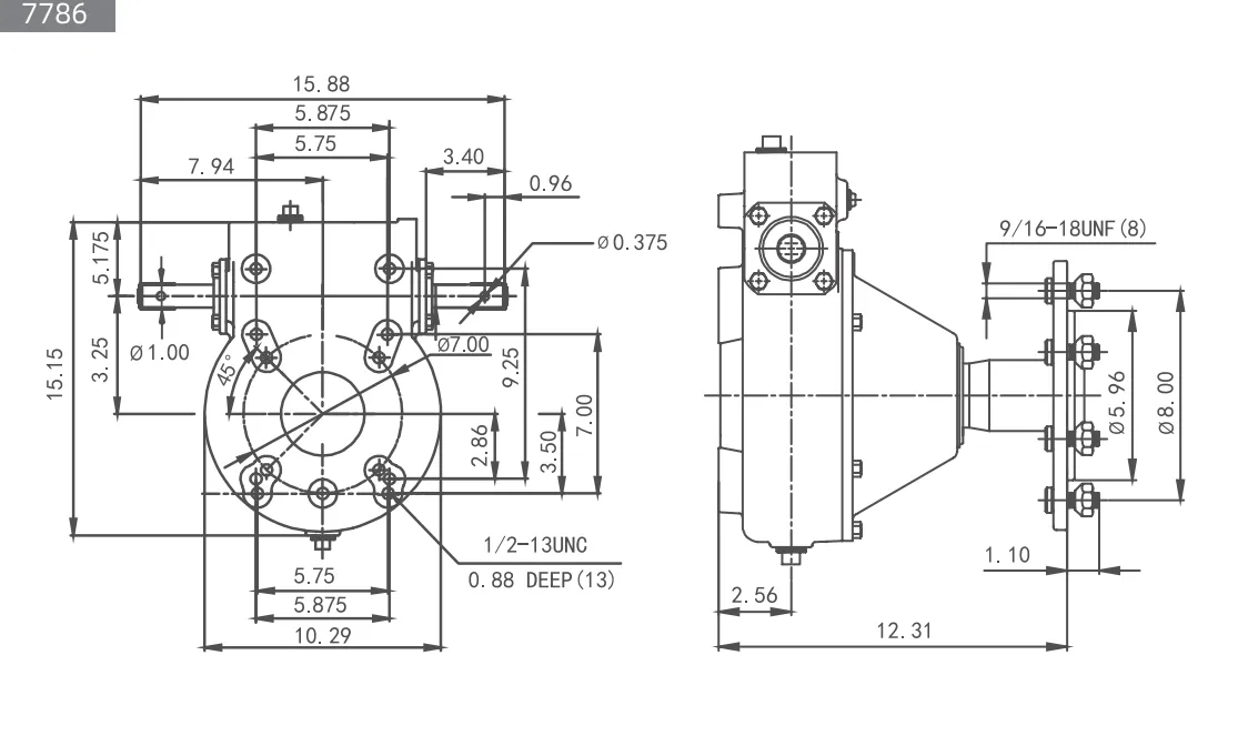 Dimensional drawing of the A1339-7786 center pivot wheel gearbox (Durst replacement). Features front and side views with precise specifications for the universal 13-bolt mounting pattern, dual input shafts, and wheel flange.