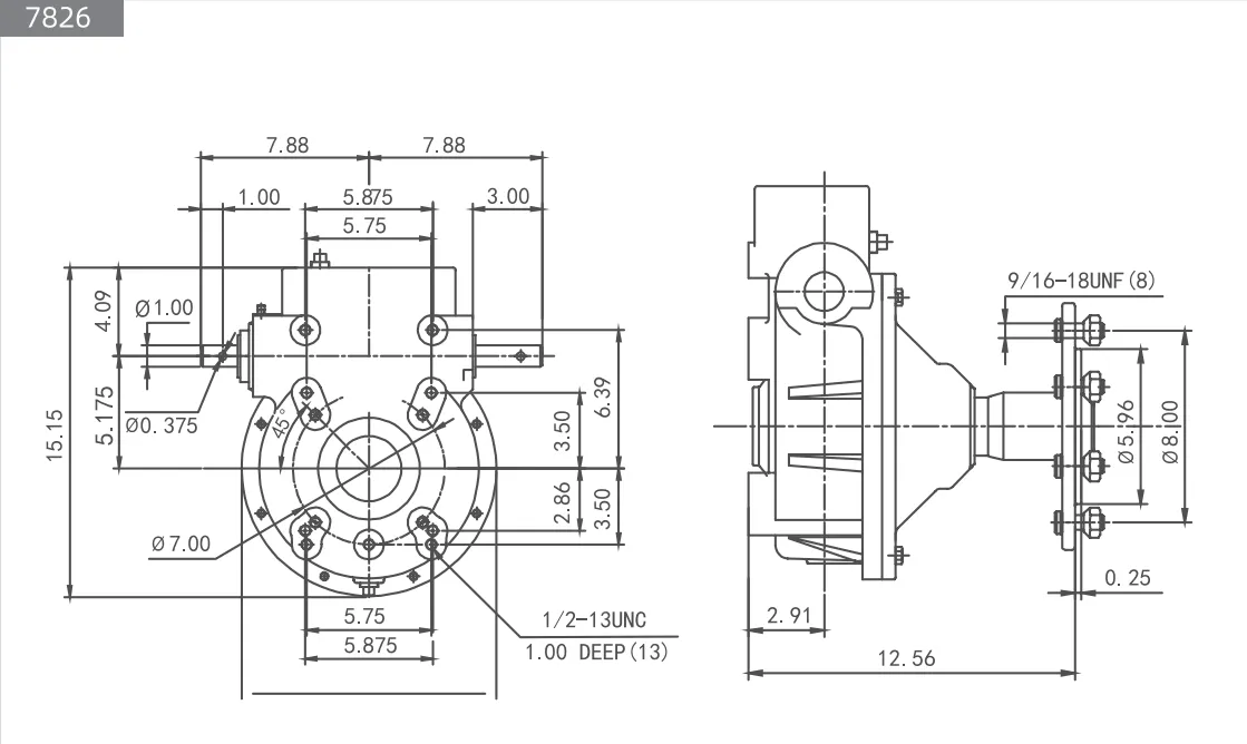 Dimensional drawing of the W7826 (V1339-7830) center pivot wheel gearbox (Durst replacement). Features front and side views with precise specifications for the universal 13-bolt mounting pattern, dual input shafts, and wheel flange dimensions.