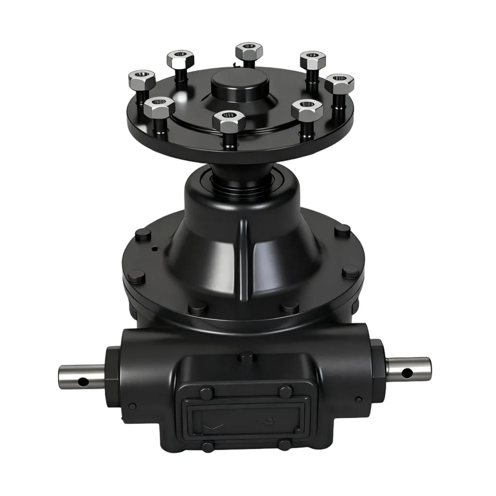 High-resolution product render of the W7826 (V1339-7830) center pivot wheel gearbox (Durst replacement). Shows the heavy-duty ductile iron housing, dual input shafts, and wheel flange with nuts, fully compatible with Valley irrigation systems.